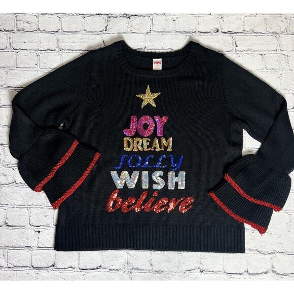 Women's Ugly Christmas Sweater Sequins Joy/Dream/Jolly/Wish Junior‎ Sz LG 12-14 - Picture 1 of 5